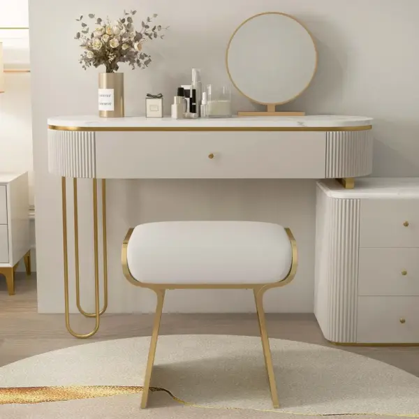 Upart Modern Beige Backless Vanity Stool Leath-aire Upholstery Stainless Steel Frame - Image 4