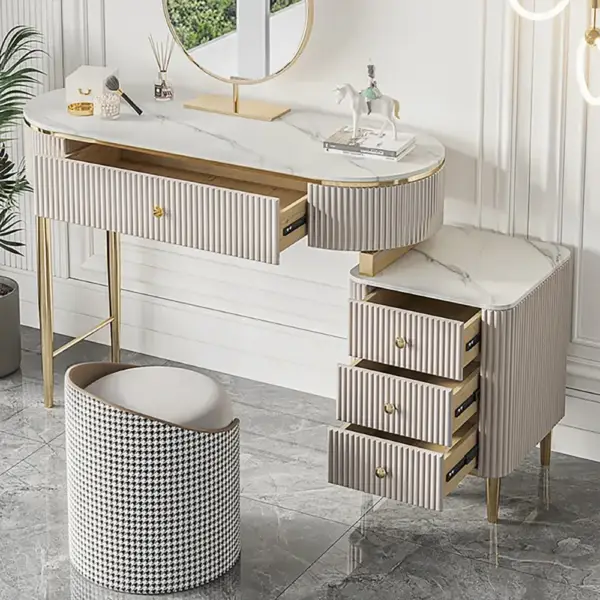 Champagne Faux Marble Top Makeup Vanity Set with 1 Stool & 1 Cabinet & 1 Mirror - Image 2
