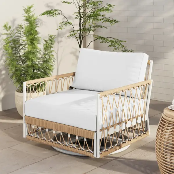 3 Pieces Aluminum & Weave Rope Outdoor Swivel Sofa Set with Side Table in Khaki for 2 - Image 4