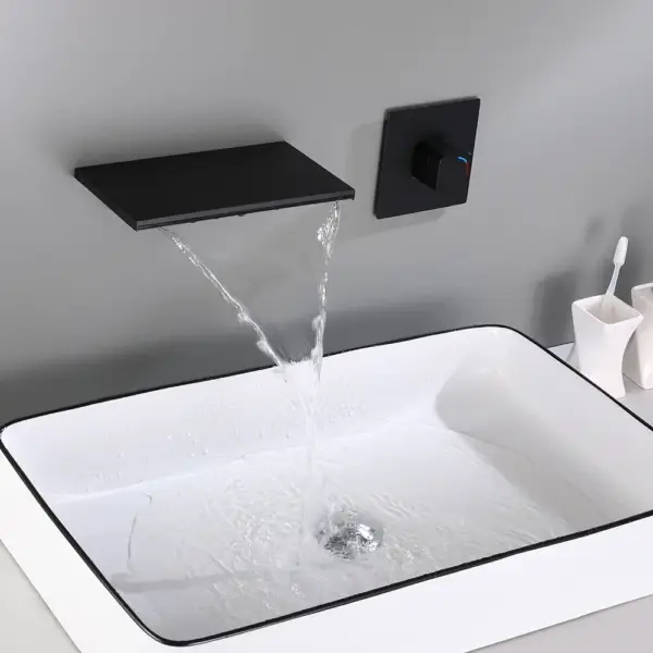 Waterfall Wall Mount Bathroom Basin Tap Single Knob Solid Brass Matte Black - Image 2