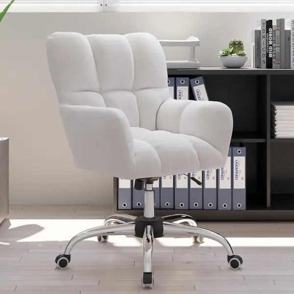 Modern White Office Chair Upholstered Cotton & Linen Swivel Task Chair Height Adjustable - Image 2