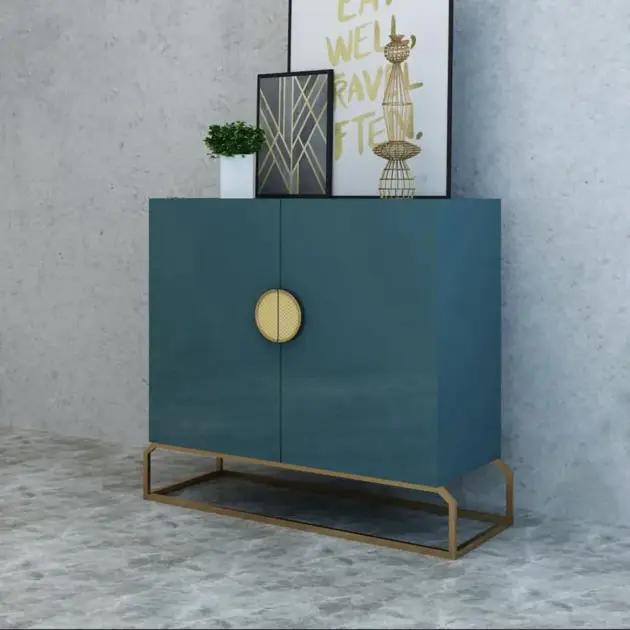 2-Door Peacock Blue Console Table Storage Cabinet Hallway Gold Accent