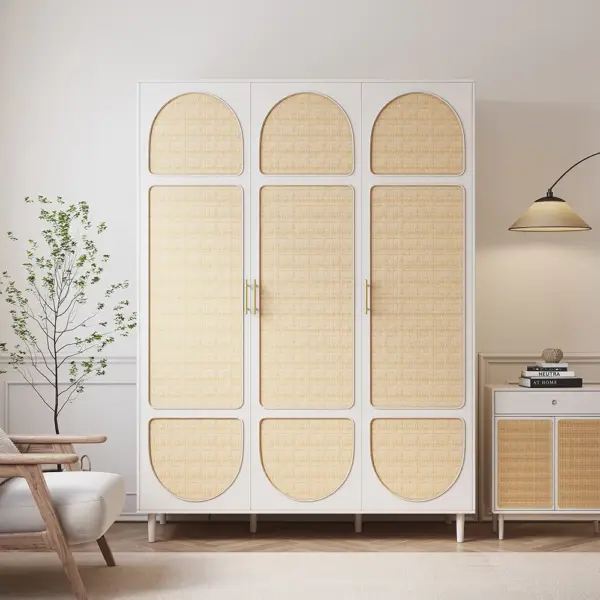 Rattan White 3 Door Bedroom Clothing Armoire Wardrobe with Shelves - Image 2