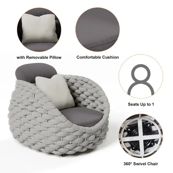Tatta Modern Outdoor Swivel Chair 360 Degree Rotatable Gray Woven Rope Armchair Sofa - Image 12
