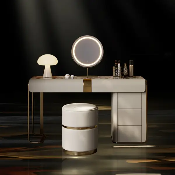 Modern Grey Makeup Vanity Set with Side Cabinet Dressing Table with Mirror & Stool - Image 5
