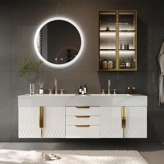 Aro 1500mm White Double Basin Wall Mounted Bathroom Vanity Drawers Faux Marble Top