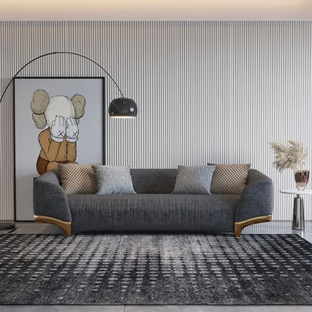 2200mm Grey 3-Seat Cotton & Linen Upholstered Sofa with Pillows Gold Legs