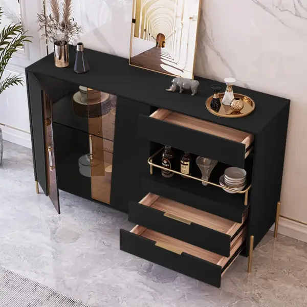 Dolawn Modern 1400mm Black Sideboard Buffet Tempered Glass Doors & Shelf Tray Wine Rack - Image 4