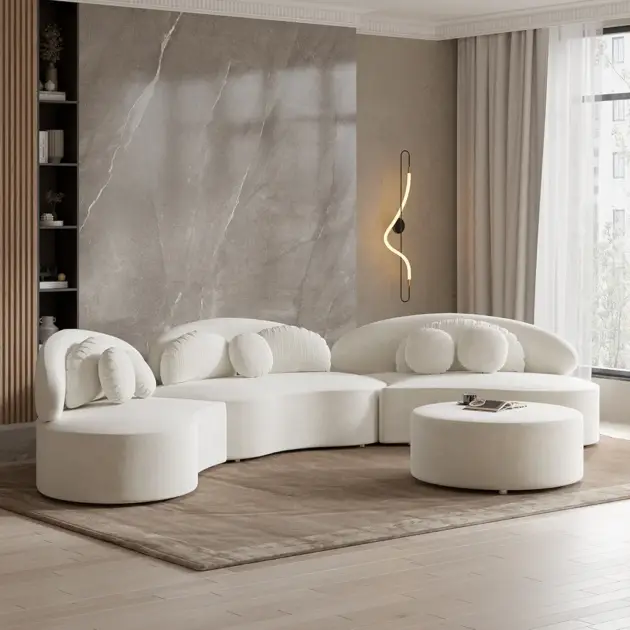 Modern 7 Seat Sectional Sofa Curved Modular Beige Velvet Upholstered with Ottoman