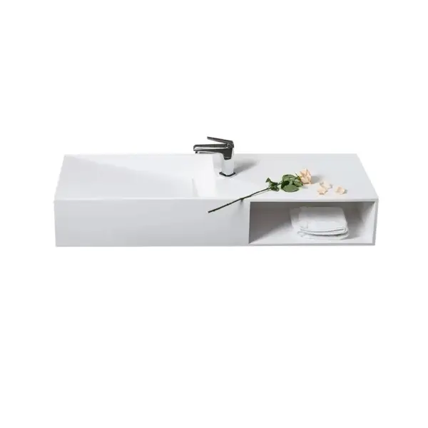 900mm Wall-Mount Stone Resin Wash Basin in Matte White with Storage Cubby Hole - Image 8