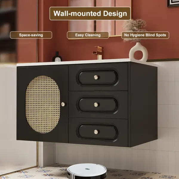 800mm Black Floating Bathroom Vanity Undermount Ceramic Sink with Rattan Door Cabinet - Image 7