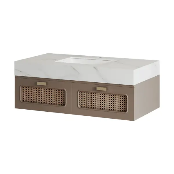 900mm Floating Single Bathroom Vanity with Faux Marble Top Rattan Door - Image 6