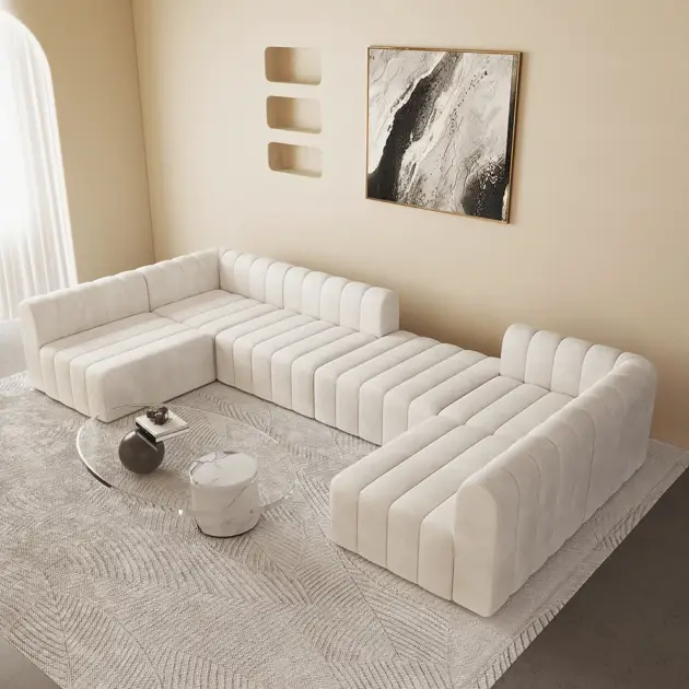3020mm Off White Velvet Modular Pit Sectional Sofa Set Convertible 6-Seater Upholstered