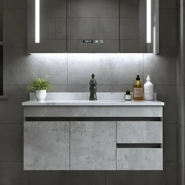 900mm Floating Bathroom Vanity with Faux Marble Countertop Basin Wall Mounted - Image 2