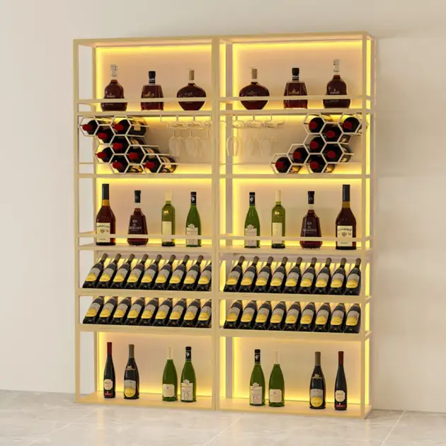 Gold Contemporary Standing Honeycomb Wine Rack with Glass Rack-A