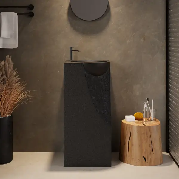 870mm Japandi Tall Stone Resin Pedestal Basin with Rounded Basin Freestanding in Black