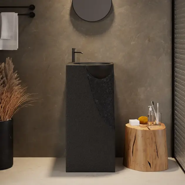 870mm Japandi Tall Stone Resin Pedestal Basin with Rounded Basin Freestanding in Black