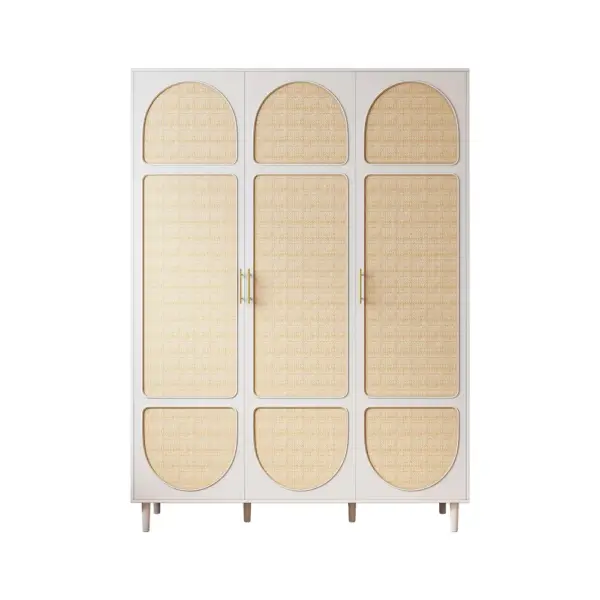Rattan White 3 Door Bedroom Clothing Armoire Wardrobe with Shelves - Image 6