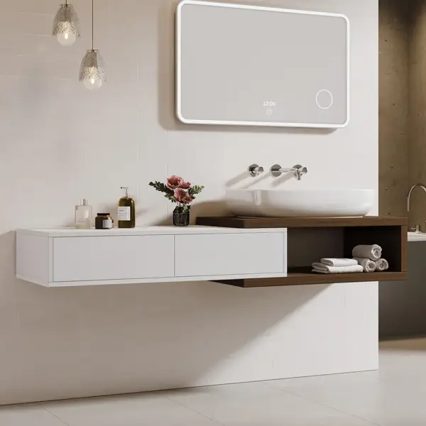 Modern Extendable Floating Bathroom Vanity Set Wall Mounted Vanity in White & Walnut - Image 4