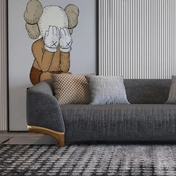 2200mm Grey 3-Seat Cotton & Linen Upholstered Sofa with Pillows Gold Legs - Image 6
