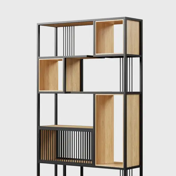2000mm Modern Black Steel Geometric Bookcase 6-Tier Bookshelf Wooden Tall Book Shelf - Image 14