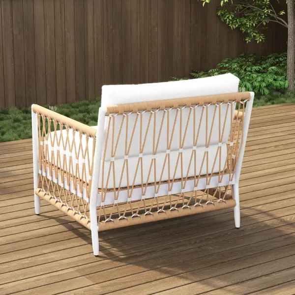 Ropipe Woven Rope Outdoor Armchair Accent Chair with White Polyester Cushion - Image 4