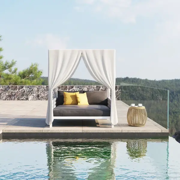 White Aluminium & Grey Woven Rope 2-Person Outdoor Patio Daybed with Canopy Curtains - Image 5