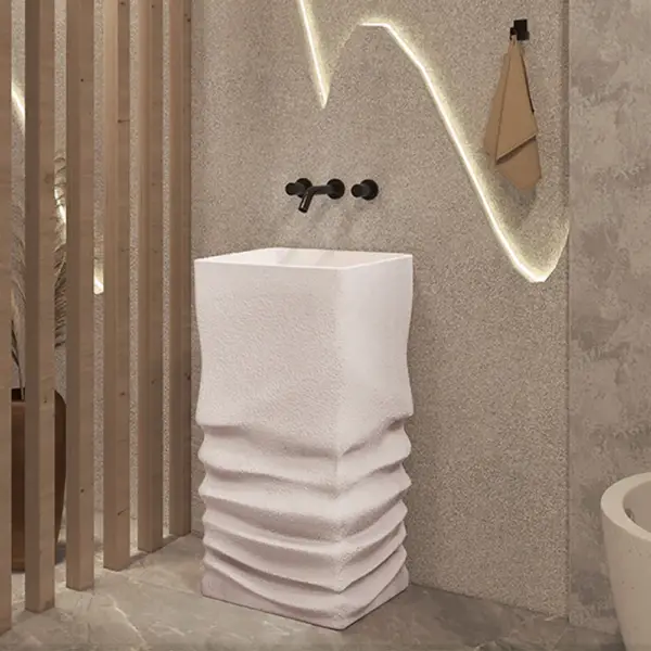 850mm Tall Japandi Stone Resin Pedestal Bathroom Basin Freestanding Basin in Beige - Image 3
