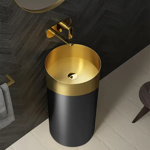 Gold & Black Modern Luxury Round Stainless Steel Basin Pedestal Basin Freestanding - Image 6