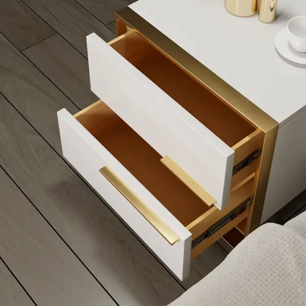 Nightstand Set of 2 White Square Bedside Table with 2 Drawers Minimalist Design in Gold - Image 5