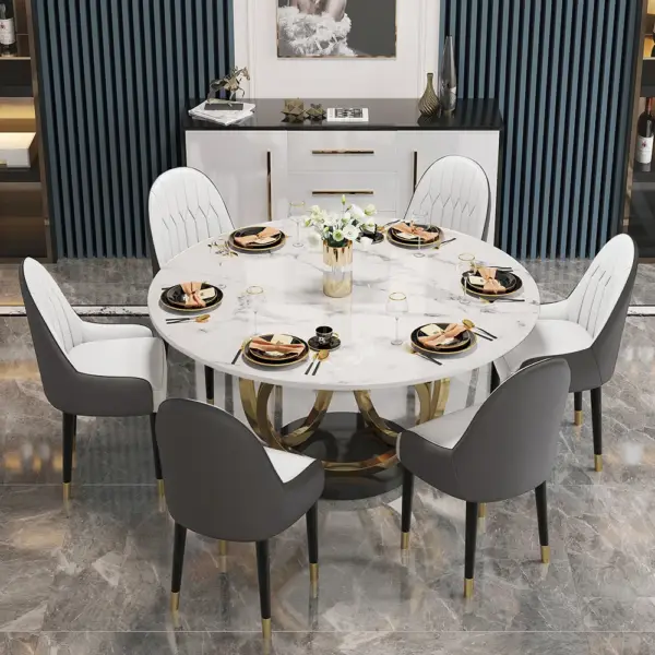 7 Piece Dining Room Set 1350mm Sintered Stone Top Round Dining Table White&Grey 6 Chairs - Image 4