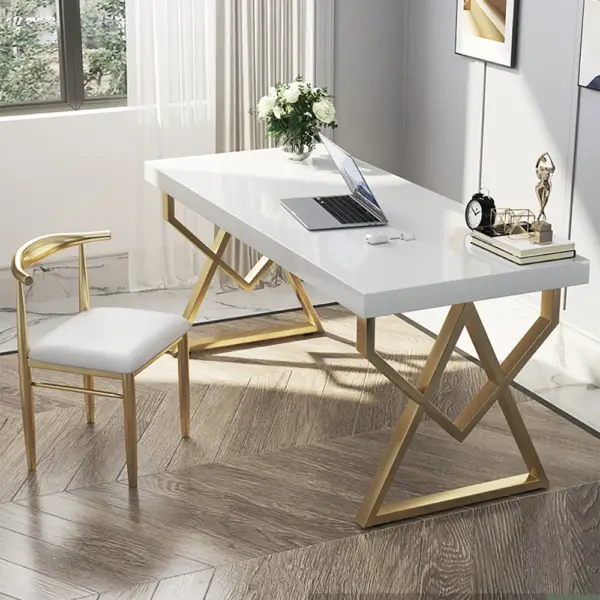 1000mm Modern White Rectangular Writing Desk with Gold Base - Image 2