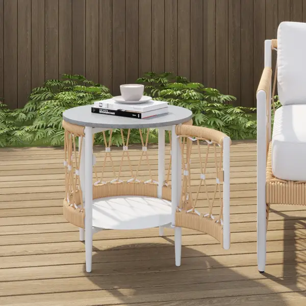 3 Pieces Aluminum & Weave Rope Outdoor Swivel Sofa Set with Side Table in Khaki for 2 - Image 10