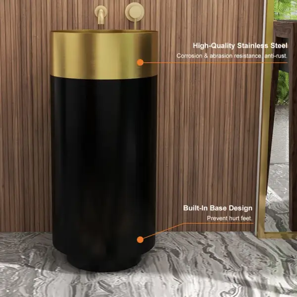 Gold & Black Modern Luxury Round Stainless Steel Basin Pedestal Basin Freestanding - Image 3