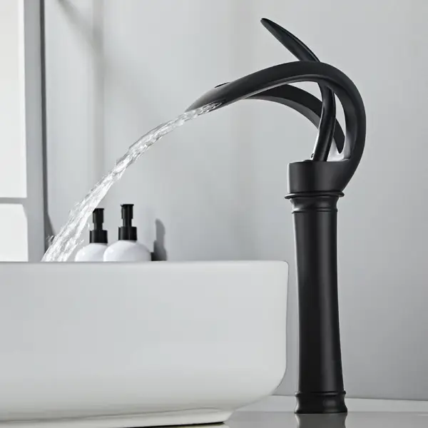 Modern Elegant Waterfall Bathroom Countertop Basin Tap Single Handle Solid Brass Black - Image 3