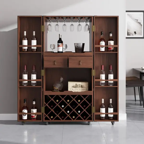Industrial Black Leather Bar Wine Rack Cabinet with Door Storage Home Bar Cabinet - Image 2