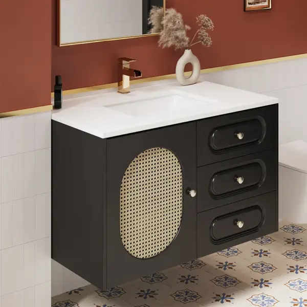 800mm Black Floating Bathroom Vanity Undermount Ceramic Sink with Rattan Door Cabinet - Image 2