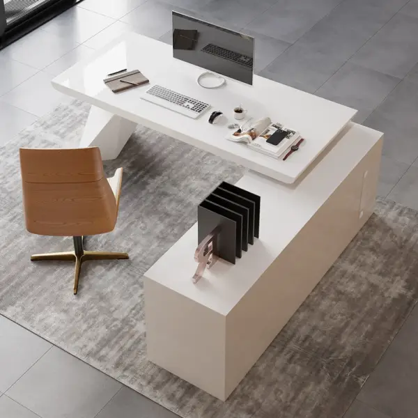 2000mm Modern White L-Shape Executive Desk Drawers & Cabinet Office Desk Right Hand - Image 3
