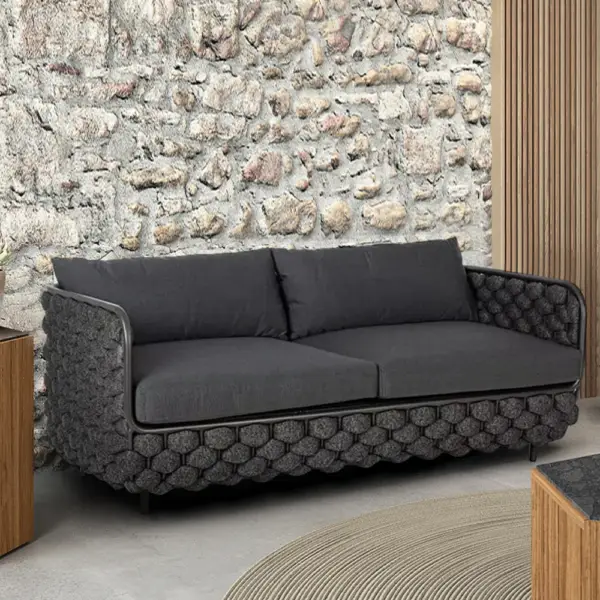 Martic 1350mm Wide Aluminium & Rope Outdoor Loveseat Patio Sofa with Cushions in Black
