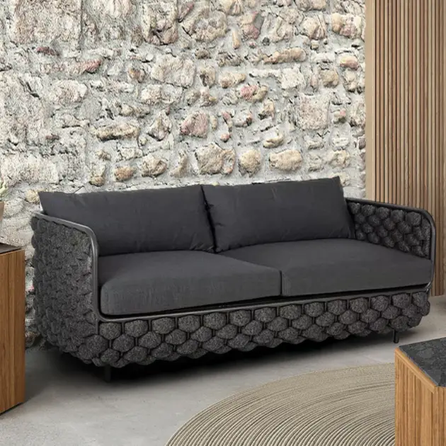 Martic 1350mm Wide Aluminium & Rope Outdoor Loveseat Patio Sofa with Cushions in Black