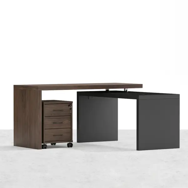 Modern Swivel Desk with Movable File Cabinet Black & Walnut L-Shaped Rotating Desk - Image 5