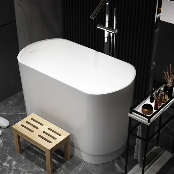 1000mm Modern Deep Oval Freestanding Matte White Stone Resin Japanese Soaking Bath - Image 2