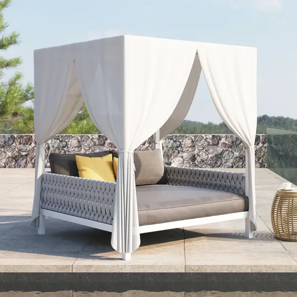 White Aluminium & Grey Woven Rope 2-Person Outdoor Patio Daybed with Canopy Curtains