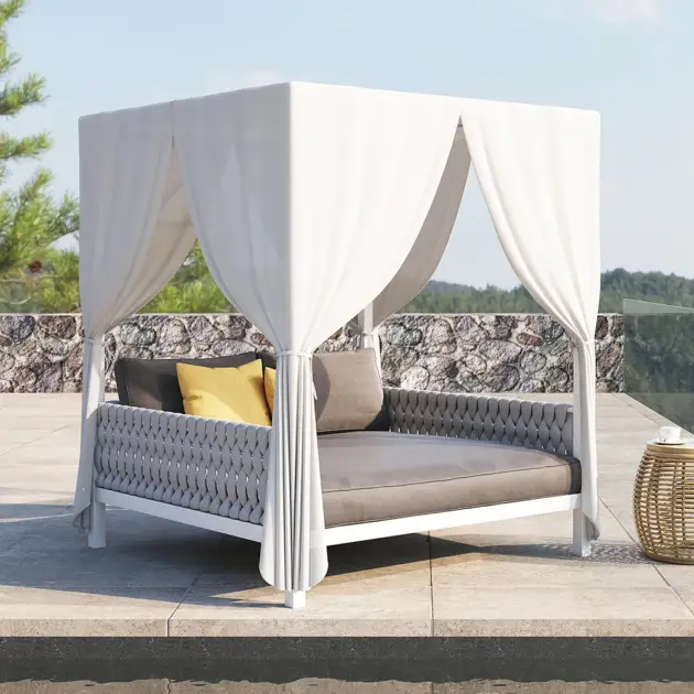 White Aluminium & Grey Woven Rope 2-Person Outdoor Patio Daybed with Canopy Curtains