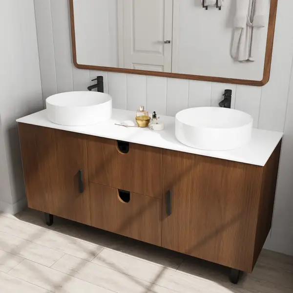 1500mm Teak Wood Freestanding Double Bathroom Vanity with Top Vessel Sink - Image 2