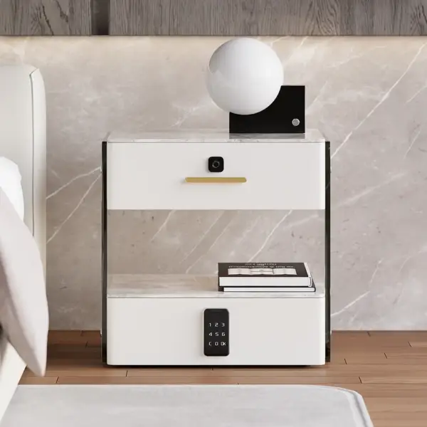 Modern White Smart Leather Nightstand with Light & Sintered Stone Top & Fingerprint Lock - Image 4