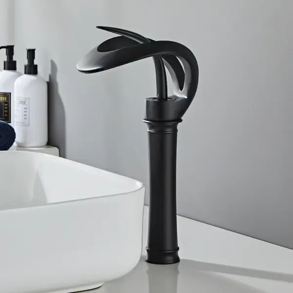 Modern Elegant Waterfall Bathroom Countertop Basin Tap Single Handle Solid Brass Black - Image 2