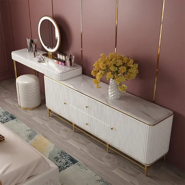 Bline Retractable Marble Top Makeup Vanity Table Cabinet Combo with Storage Corner - Image 2