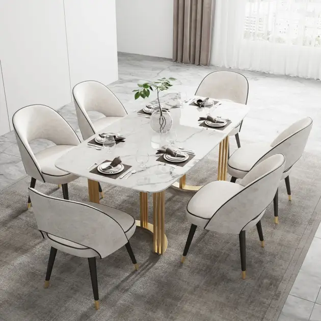 2000mm Faux Marble Dining Table Gold Rectangular Top Stainless Steel Base