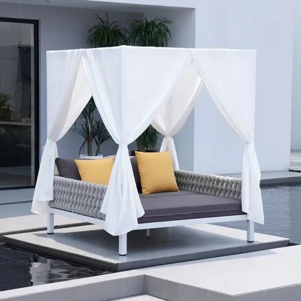 White Aluminium & Grey Woven Rope 2-Person Outdoor Patio Daybed with Canopy Curtains - Image 2